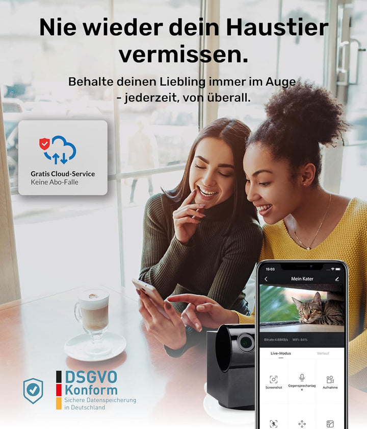 PetTec Cam 360° Hundekamera mit App, WLAN, Sprachfunktion & Nachtsicht für Zuhause - Haustier Überwa