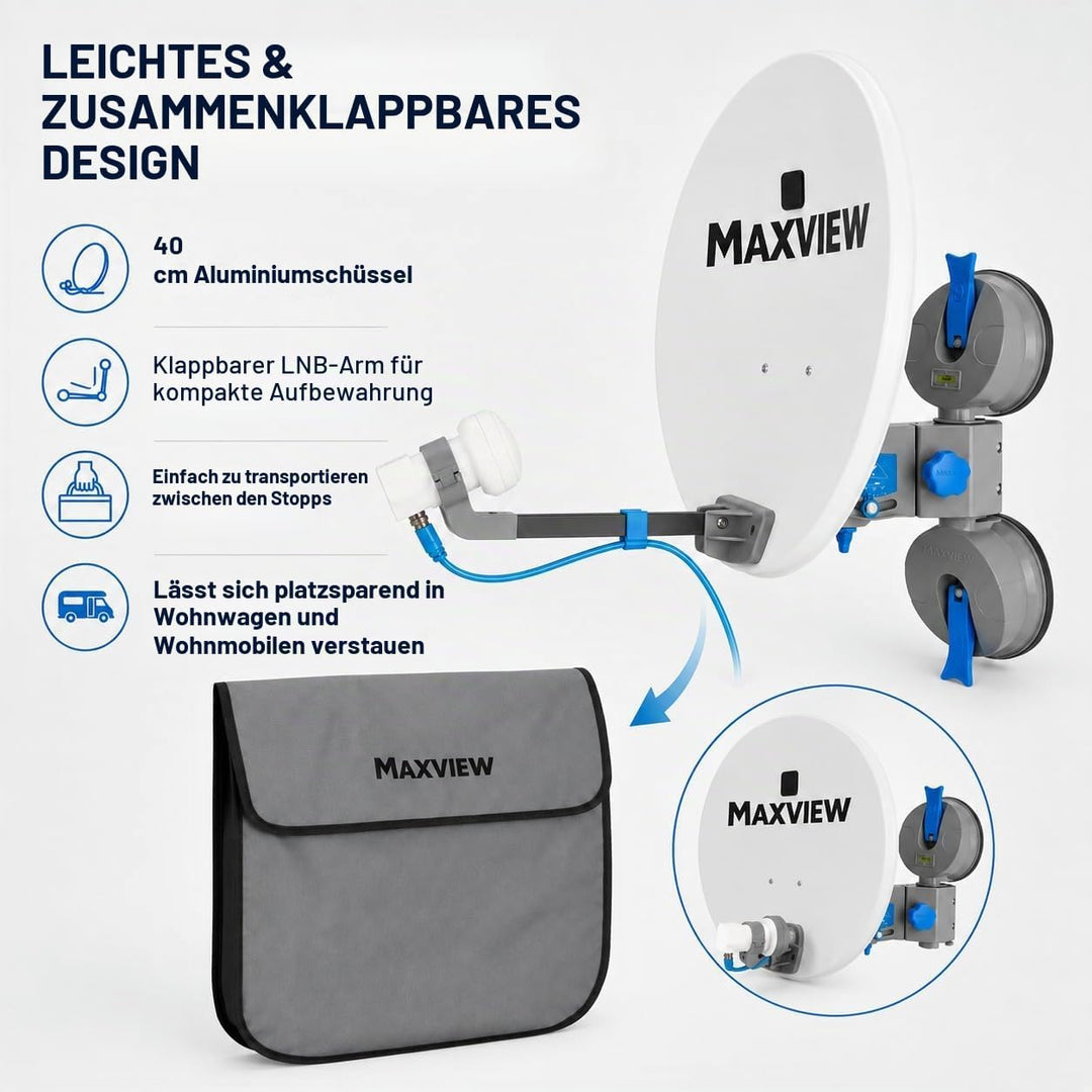 MaxView MXL026 Remora 40 Saugnapf-montiertes tragbares Satellitenfernseh-Set für Wohnwagen, Wohnmobi