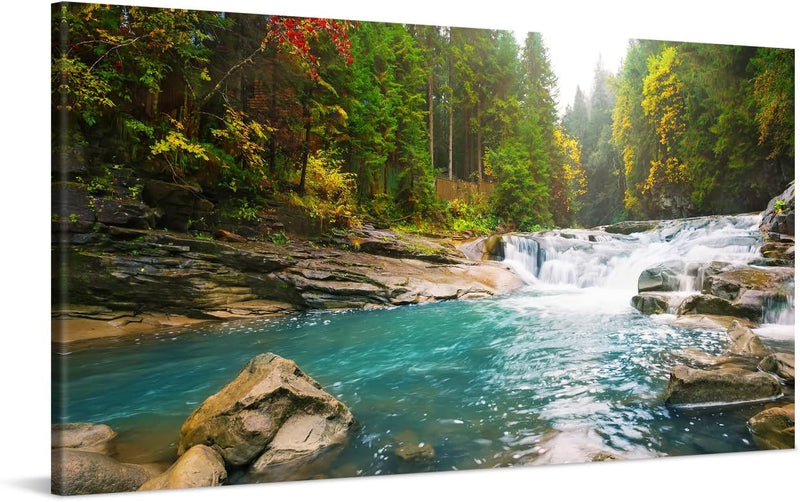 PICANOVA – Leinwandbild Waldfluss Wasserfall 100x50cm – Premium Leinwanddruck – Wandbild Kunstdruck