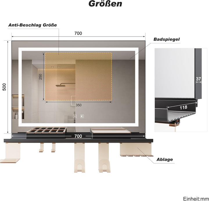 SONNI Badspiegel mit Beleuchtung 70x50cm + 70cm Ablage, Touch Badezimmerspiegel 3 Lichtfarben, Anti-