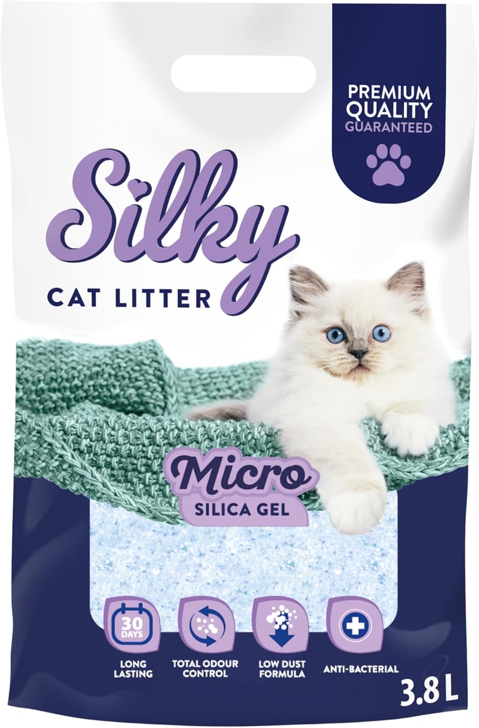 Silky Mikro Silikat-Katzenstreu 3,8L | 30,4L Satz | Staubfrei, Geruchskontrolle, Saugfähig, Bakterie