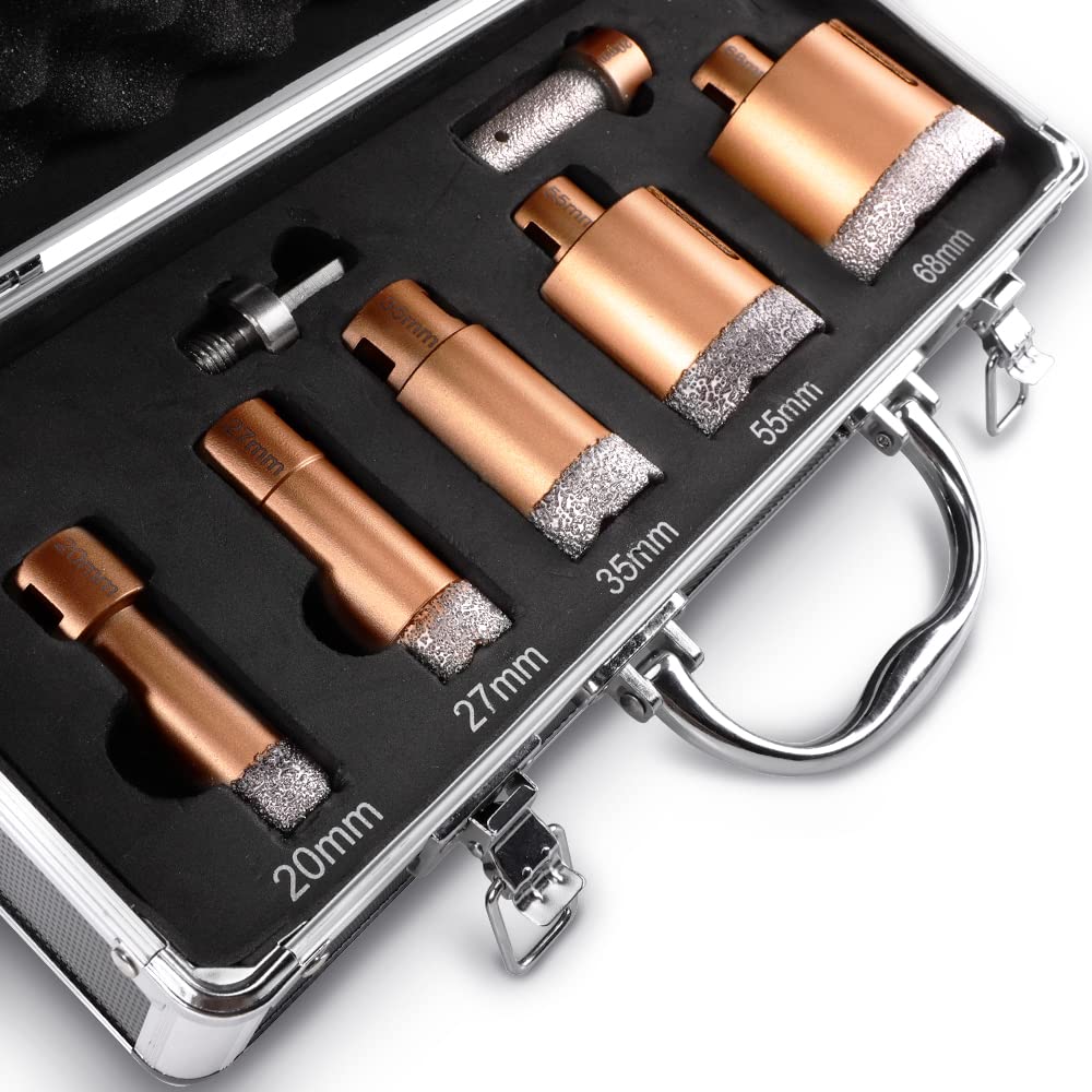 Diamantbohrer Lochsägen Set 20-27-35-55-68mm + 25mm Fingerfräser + HEX Adapter | 15mm Segmenthöhe |