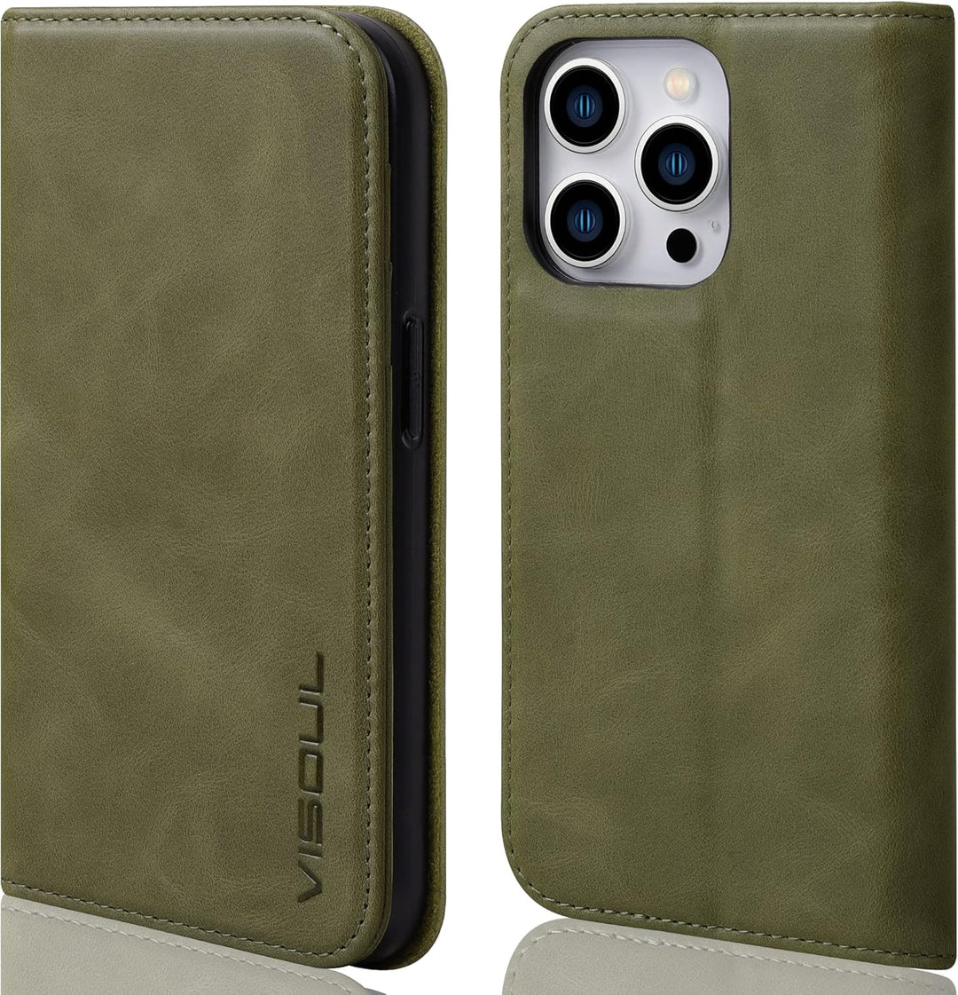 VISOUL Hülle für iPhone 14 Pro Handyhülle [ Echtleder] [Schützt ][3 Kartenfächer] [Magnet] [Standfun