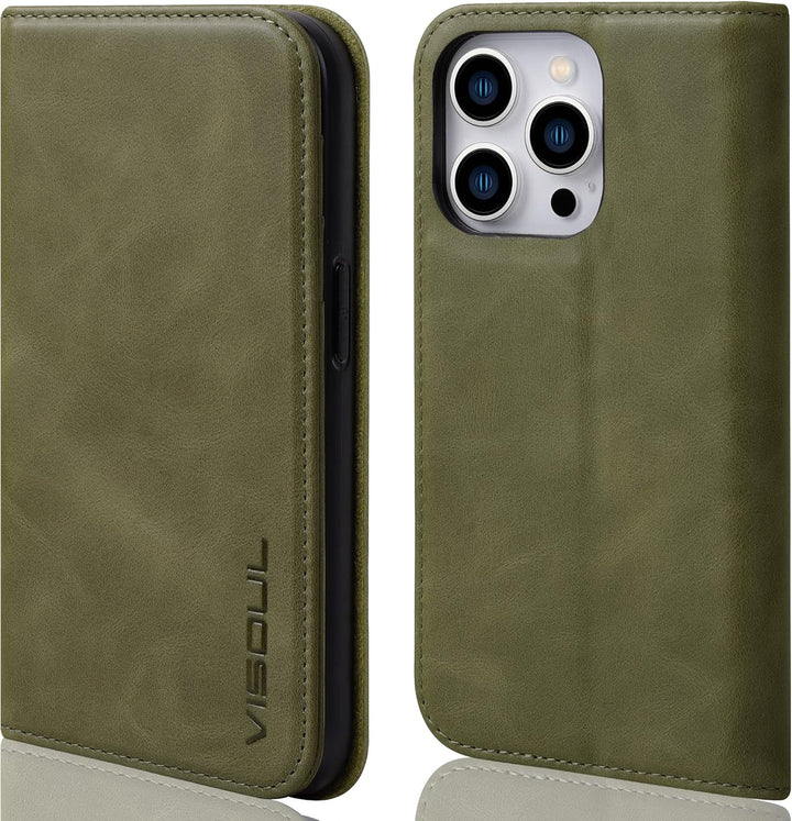 VISOUL Hülle für iPhone 14 Pro Handyhülle [ Echtleder] [Schützt ][3 Kartenfächer] [Magnet] [Standfun