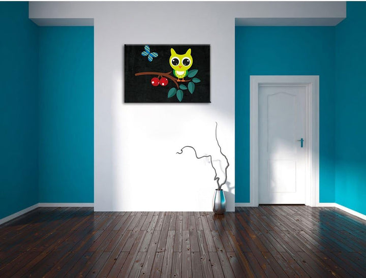 Pixxprint Eule auf AST mit Schmetterling / 100x70cm Leinwandbild bespannt auf Holzrahmen/Wandbild Ku