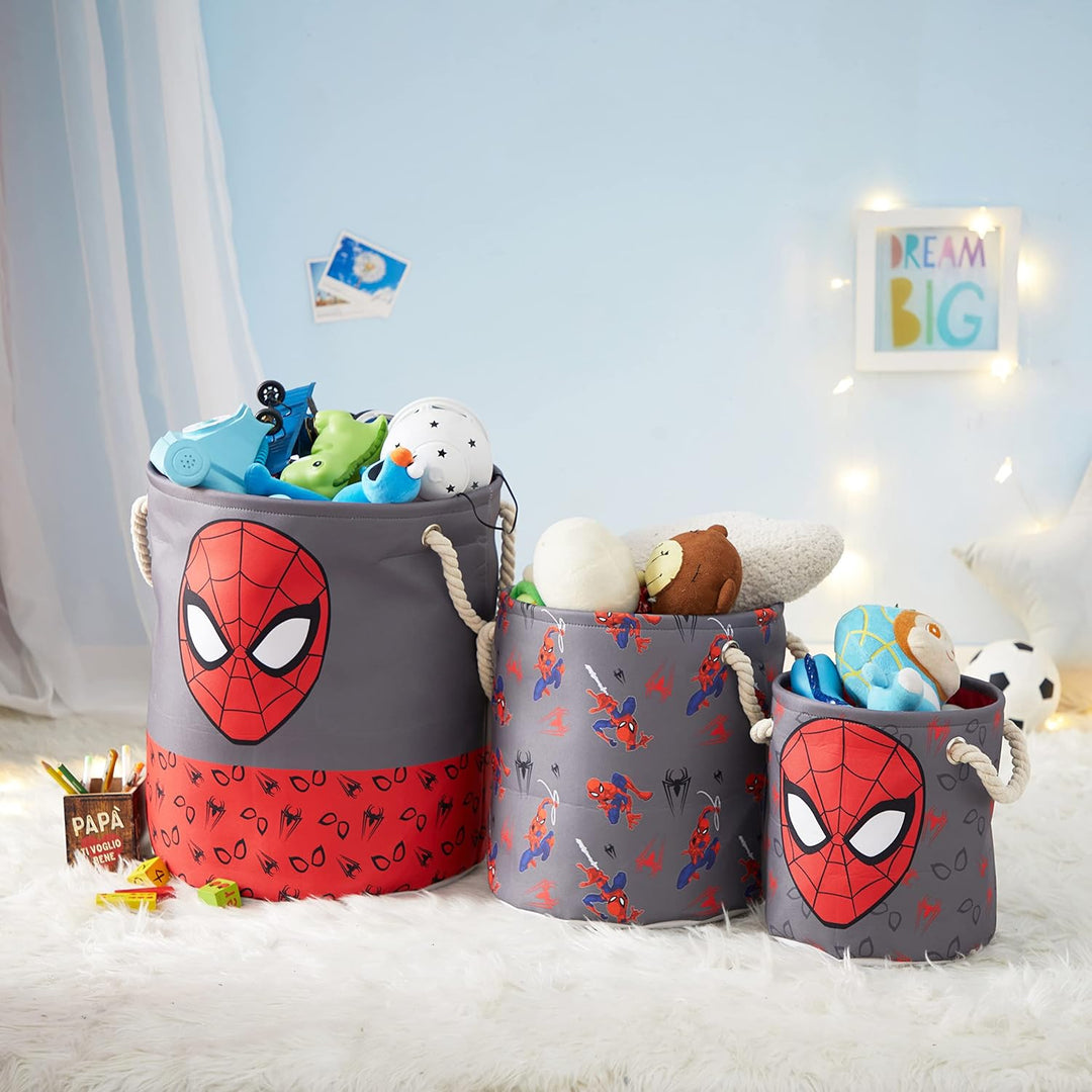 Idea Nuova Marvel Spiderman Aufbewahrungskorb-Set mit Seil-Tragegriffen, 3-teilig, verschiedene Grös