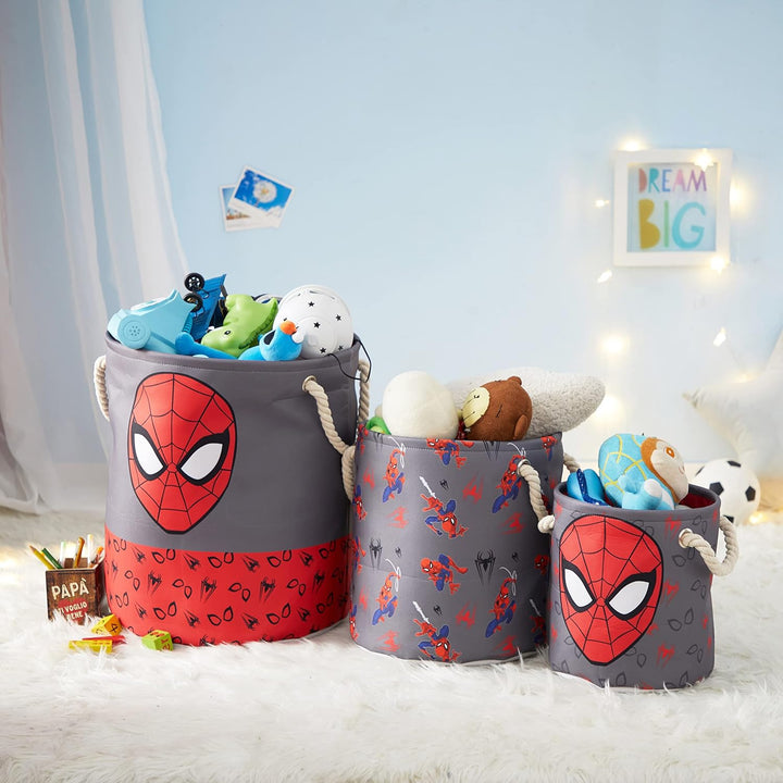 Idea Nuova Marvel Spiderman Aufbewahrungskorb-Set mit Seil-Tragegriffen, 3-teilig, verschiedene Grös