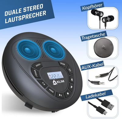 KLIM Speaker + CD Player mit Lautsprecher + NEU 2024 + Wiederaufladbarer Akku + Tragbarer CD-Spieler