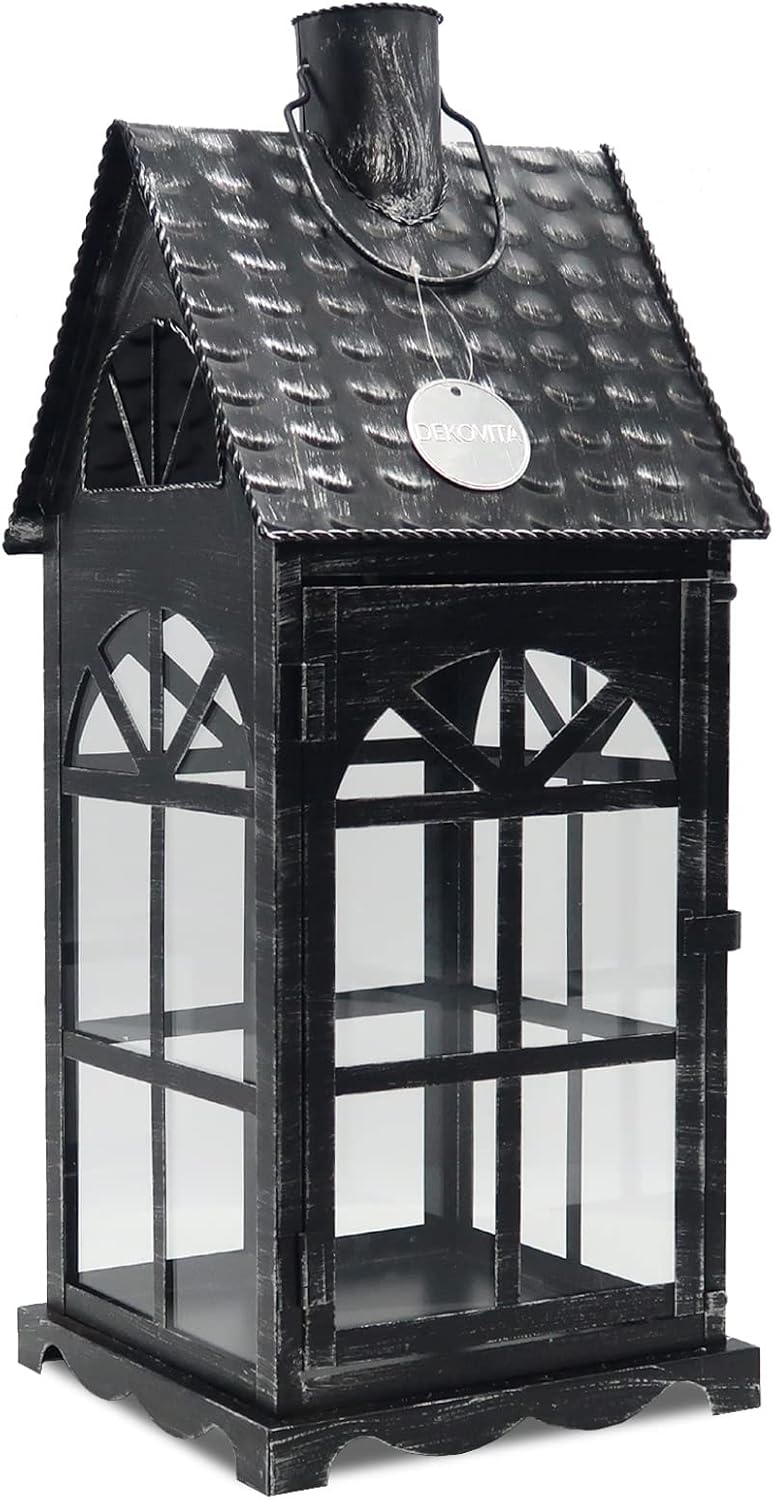 Dekovita 50cm Metall-Laterne Lichthaus - Gartenlaterne mit Glas-Scheiben - Windlicht Haus Deko-Later