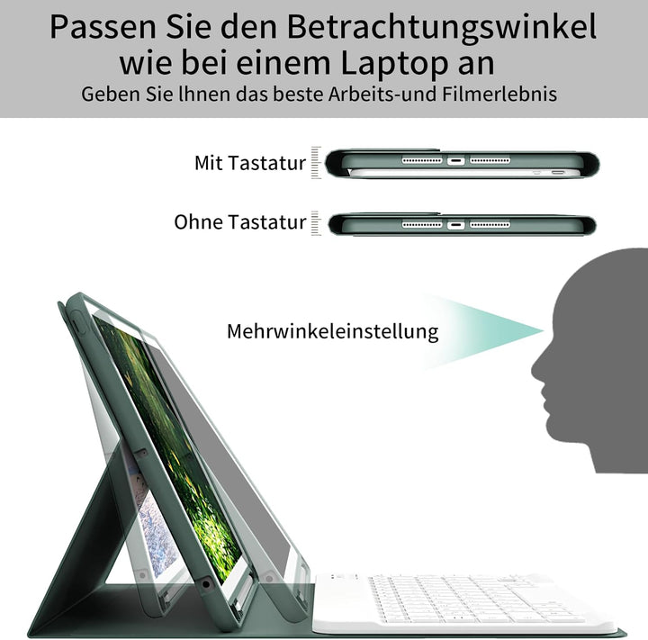 Hülle mit Tastatur für iPad 9./8./7. Generation 10,2 Zoll 2021/2020/2019, Abnehmbare kabellose Keybo