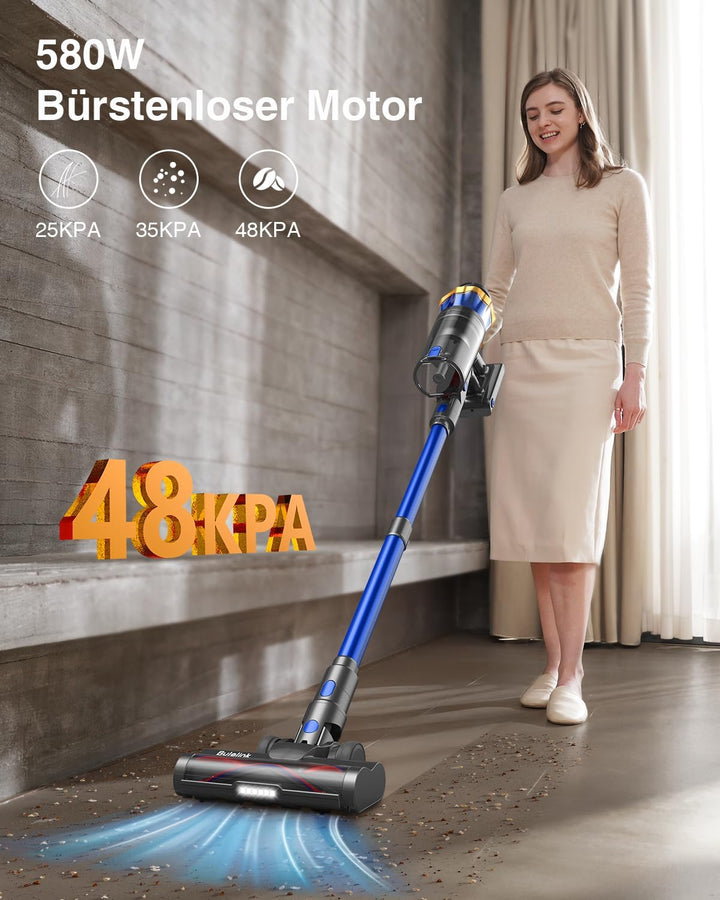 Akku Staubsauger 48000Pa/580W/65Min, 1,8L Staubsauger Kabellos mit Display, Anti-Tangle-Bürste, Selb