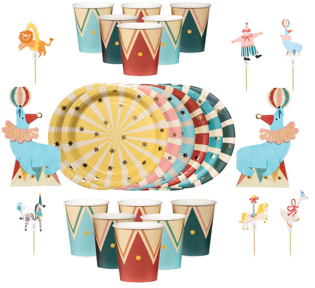 42 Teile Geschirrset Zirkus Party-Geschirr Set Circus Teller Becher Cake Topper Geburtstag Mädchen J