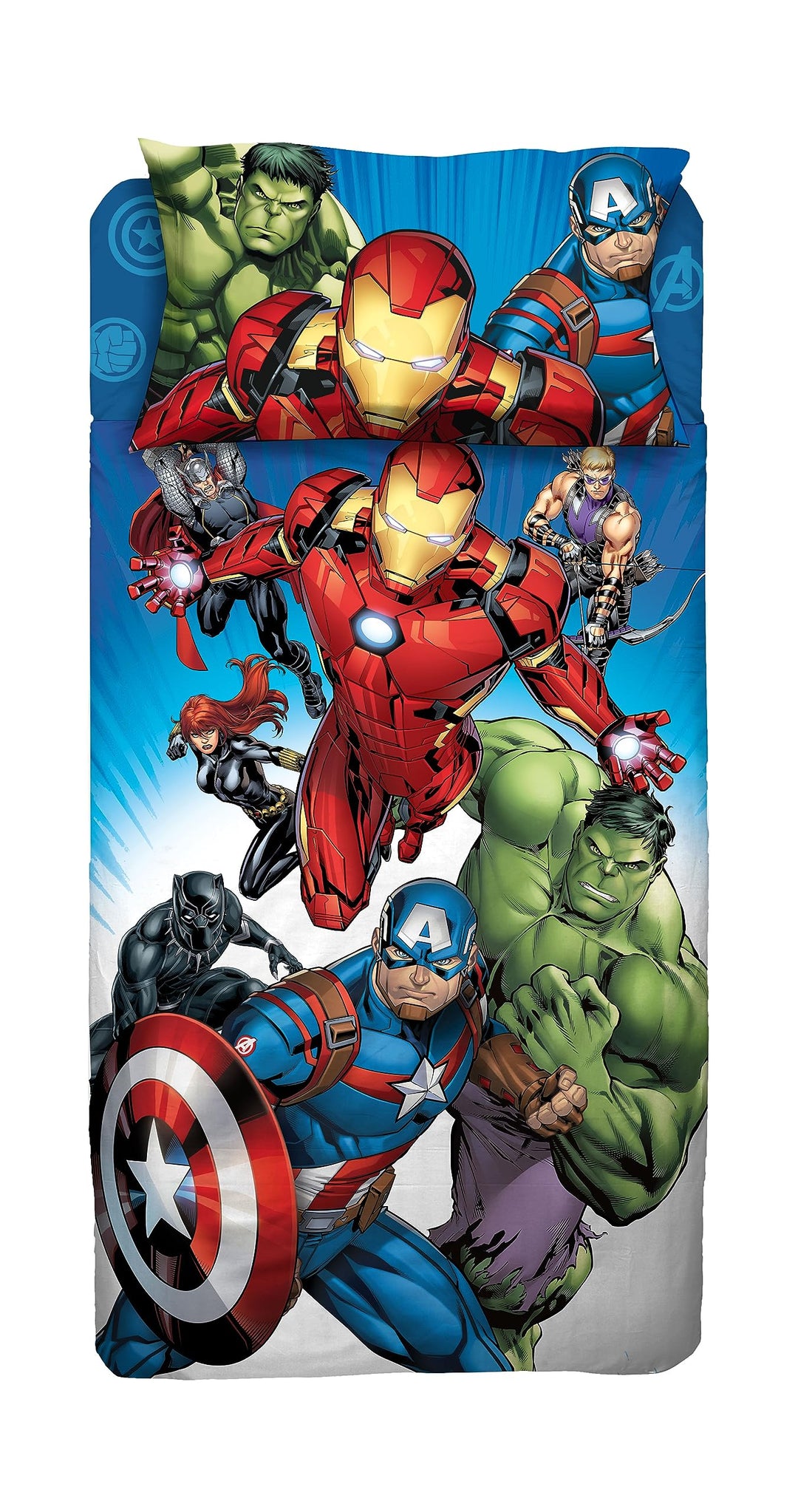 Avengers, Bettlaken für Einzelbett, Spannbettlaken, Kissenbezug, Blau, Marvel, Disney, 100% Baumwoll
