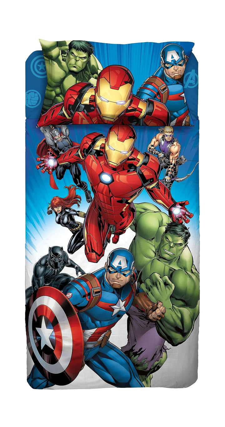 Avengers, Bettlaken für Einzelbett, Spannbettlaken, Kissenbezug, Blau, Marvel, Disney, 100% Baumwoll