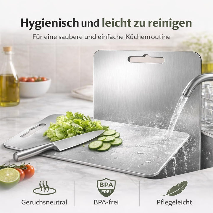 3 PCS Titan Edelstahl Schneidebrett Set multifunktionales Metall Küchenbrett, beidseitig nutzbar hyg