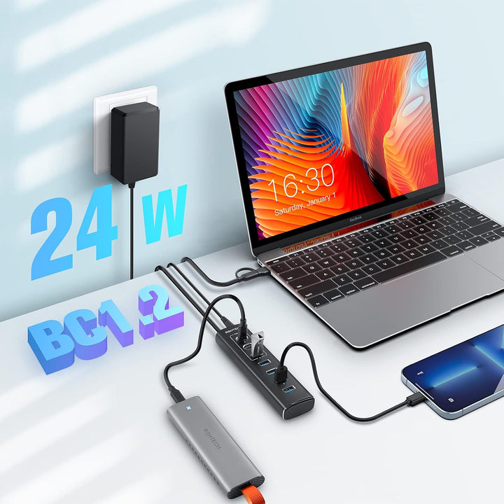 USB C Hub Aktiv mit Netzteil, RSHTECH 7-Port USB C 3.2 Hub Aktiv mit 3*10Gbps USB 3.2-Port (2*Typ-C,
