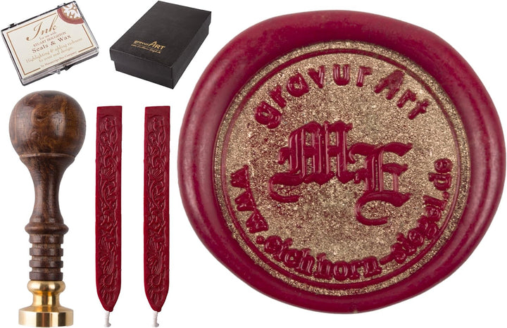 Siegelset gravurART, Siegelstempel personalisiert mit Initialen und Rundtext, incl. 2 Stangen Siegel