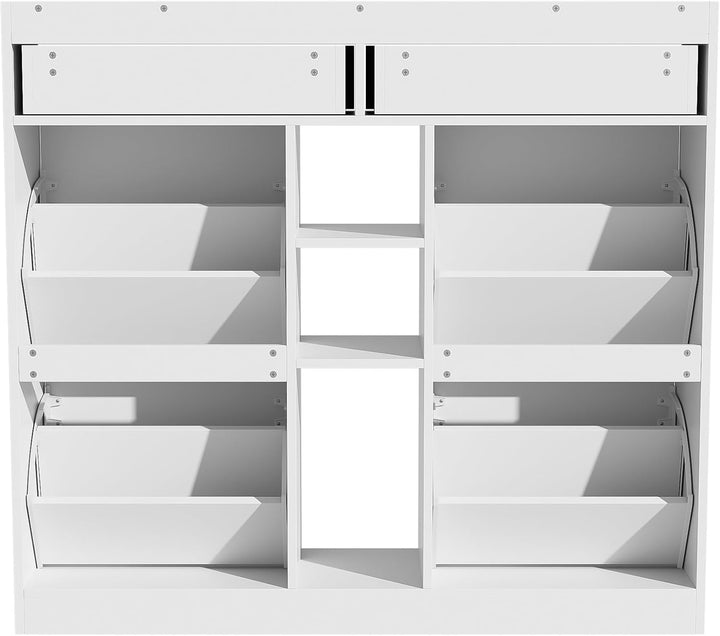 Merax Schuhschrank 110x26x100 cm, mit 4 Klapptüren 2 Schubladen 3 offenen Fächern, Platzsparender Sc
