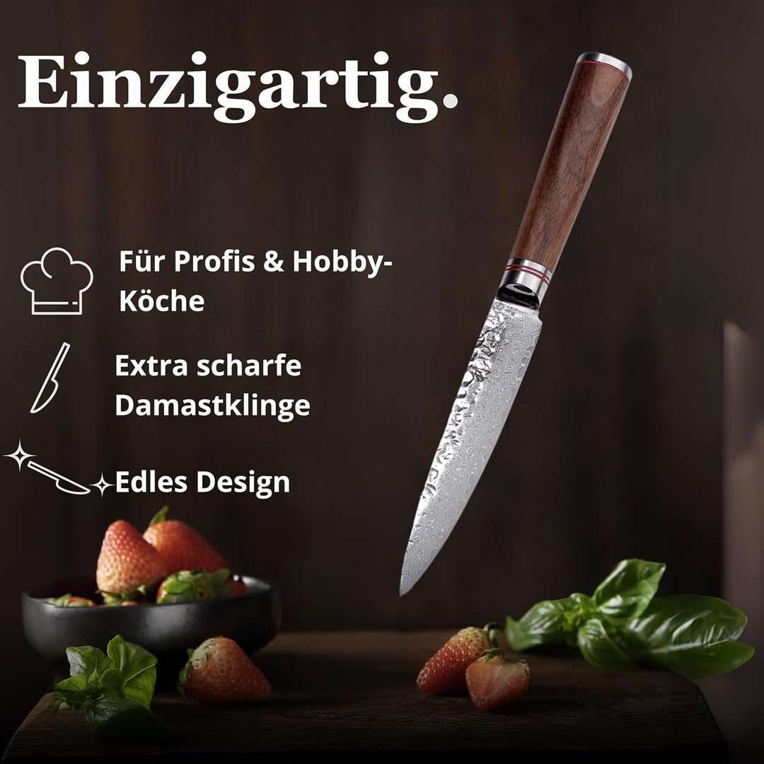 Wakoli Nussbaum Allzweckmesser mit 12,5 cm Klinge aus 67 Lagen Damaststahl mit VG10-Kern, Hammerschl
