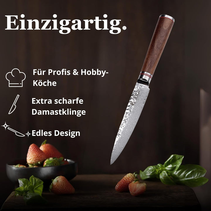 Wakoli Nussbaum Allzweckmesser mit 12,5 cm Klinge aus 67 Lagen Damaststahl mit VG10-Kern, Hammerschl