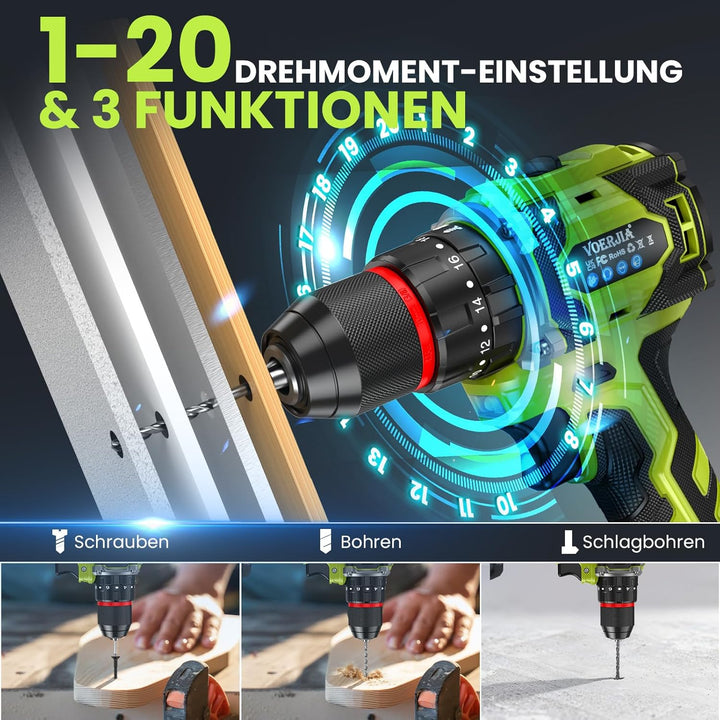21V Akku bohrhammer, Bürstenlose Akkuschrauber Set mit 2 * 2000 mAh Akku, 3/8" Bohrfutter, 21+3 Dreh