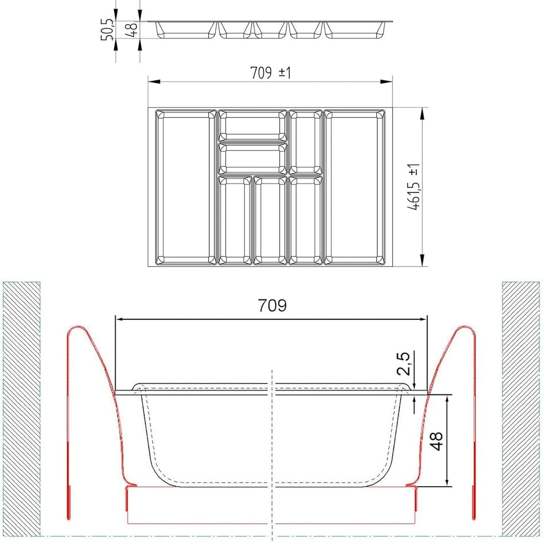ORGA-BOX 2 Besteckeinsatz Tiefe: 461 x Breite: 709 mm anthrazit mit Canvas Struktur für 80er Nobilia