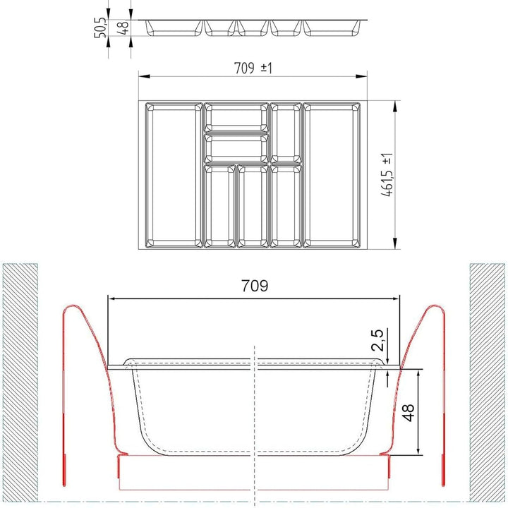 ORGA-BOX 2 Besteckeinsatz Tiefe: 461 x Breite: 709 mm anthrazit mit Canvas Struktur für 80er Nobilia