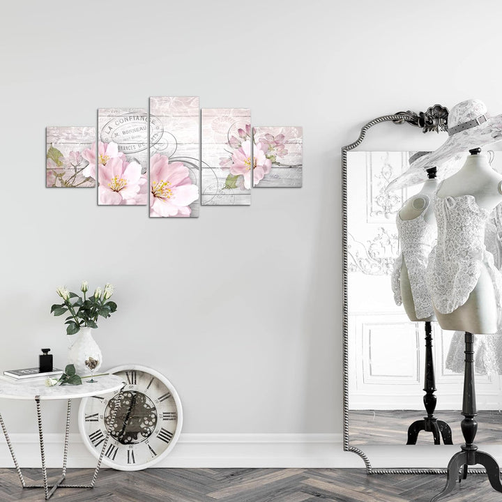 Runa Art Wandbilder Vintage Blumen 5 Teilig Bild auf Vlies Leinwand Deko Wohnzimmer Holzoptik Grau R