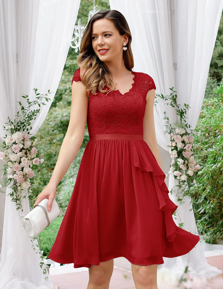 Wedtrend Cocktailkleid Damen Knielang Abendkleid Elegant für Hochzeit Elegant A Linie Rüschenkleid R