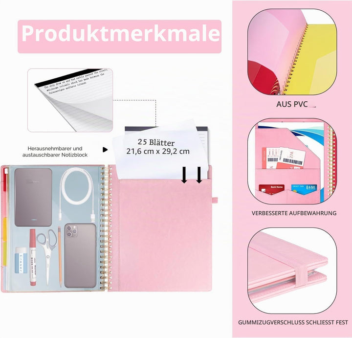 HAUTOCO PU-Leder Klemmbrett Folio mit Zip Beutel, Klemmbrettmappe A4 mit nachfüllbarem Notizblock, K
