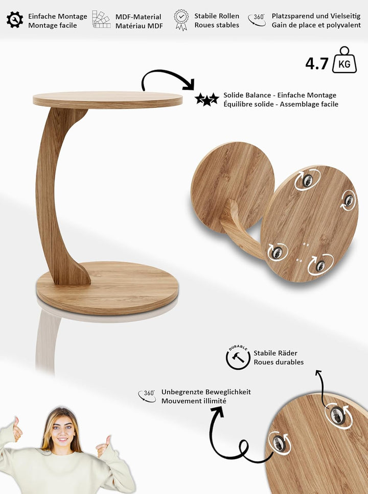 Tubibu C Form Kleiner Beistelltisch, Runder Tisch als Ablagefläche für Couch und Sofa mit Rollen, Ro