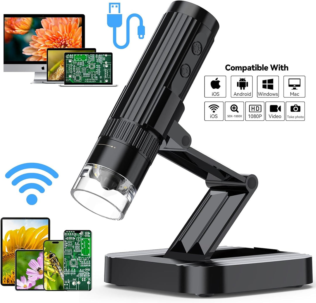 USB Digitales Mikroskop Kamera Lupe - Tragbares WiFi Mikroskop 50X-1000X 1080P mit 8 LED für Erwachs