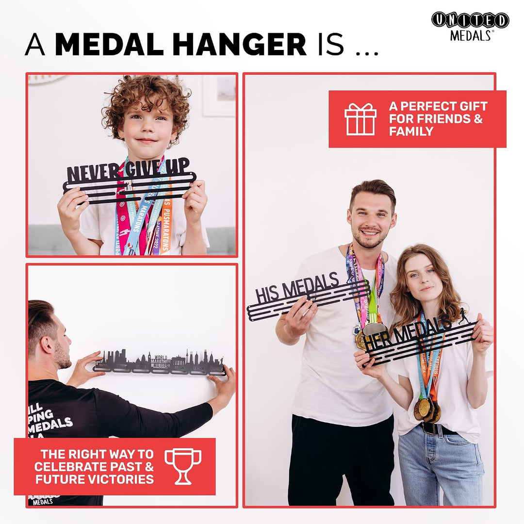 United Medals Never GIVE UP Medaillenhalter Stahl Schwarz | Medaillen Aufhänger | Medal Hanger Holde