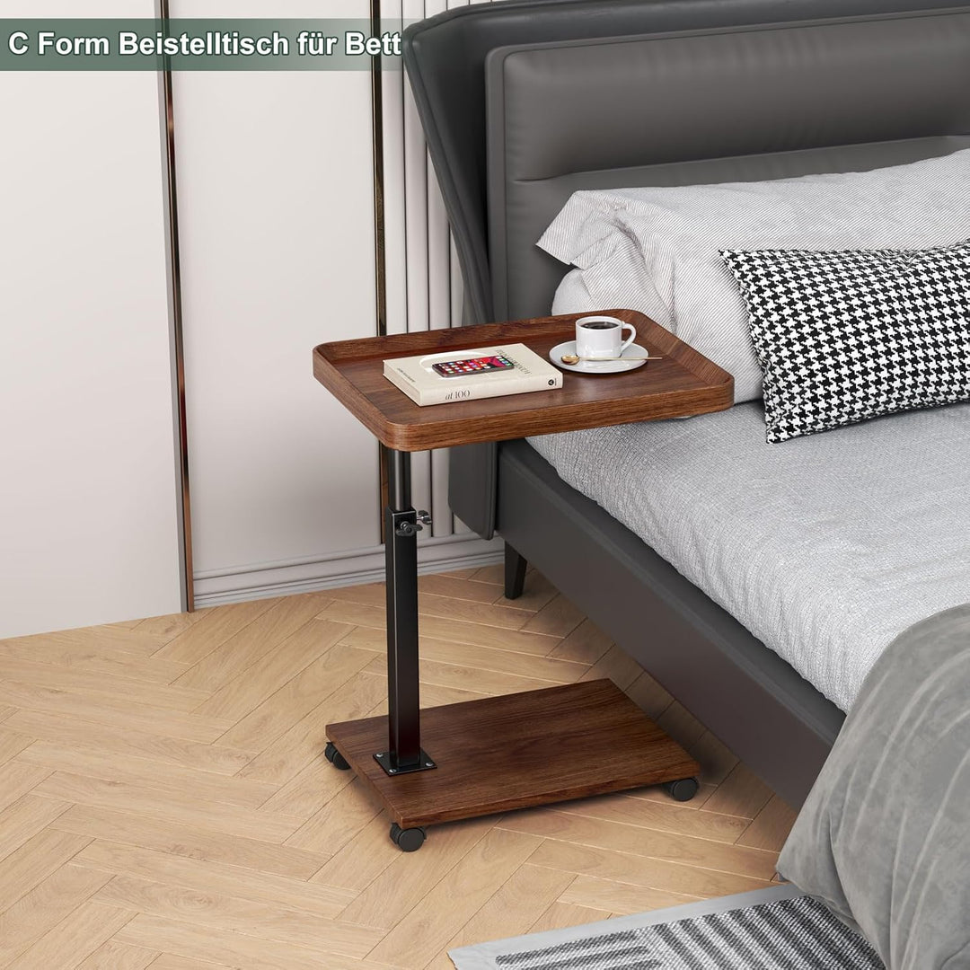 Beistelltisch c Form Höhenverstellbar mit Rollen, 360° Rotierend Couch Beistelltisch Holz Sofatisch,