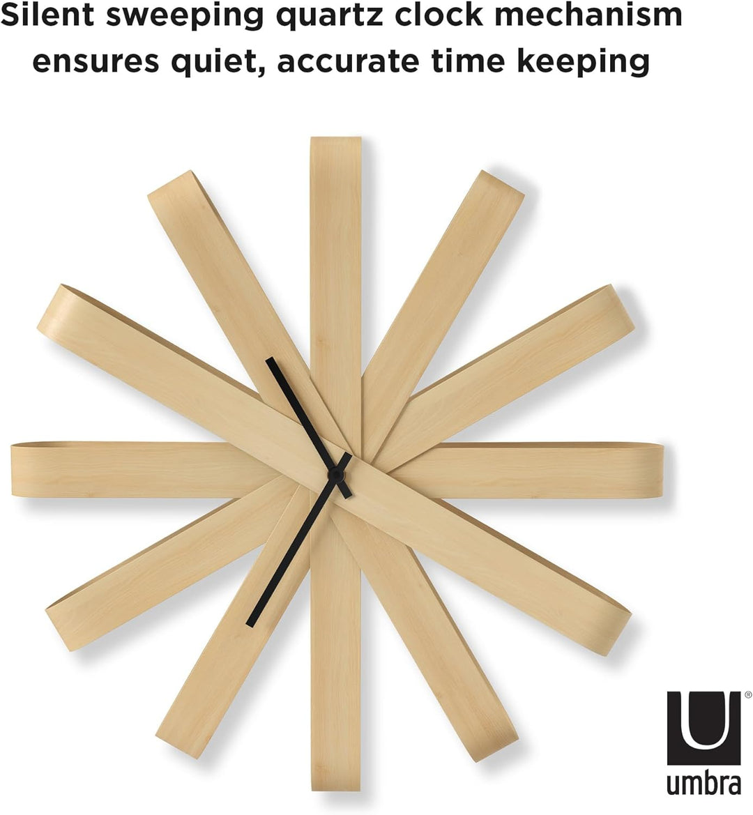 Umbra Ribbonwood Wanduhr, Geräuschlose Quarz Wanduhr aus gebogenem Buchenholz für Küche, Büro, Schla