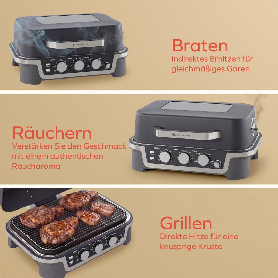 KitchenBrothers 4-in-1 Elektrogrill - BBQ &amp; Smoker - Tischgrill - 2600W | Einstellbar von 90–250 °C,