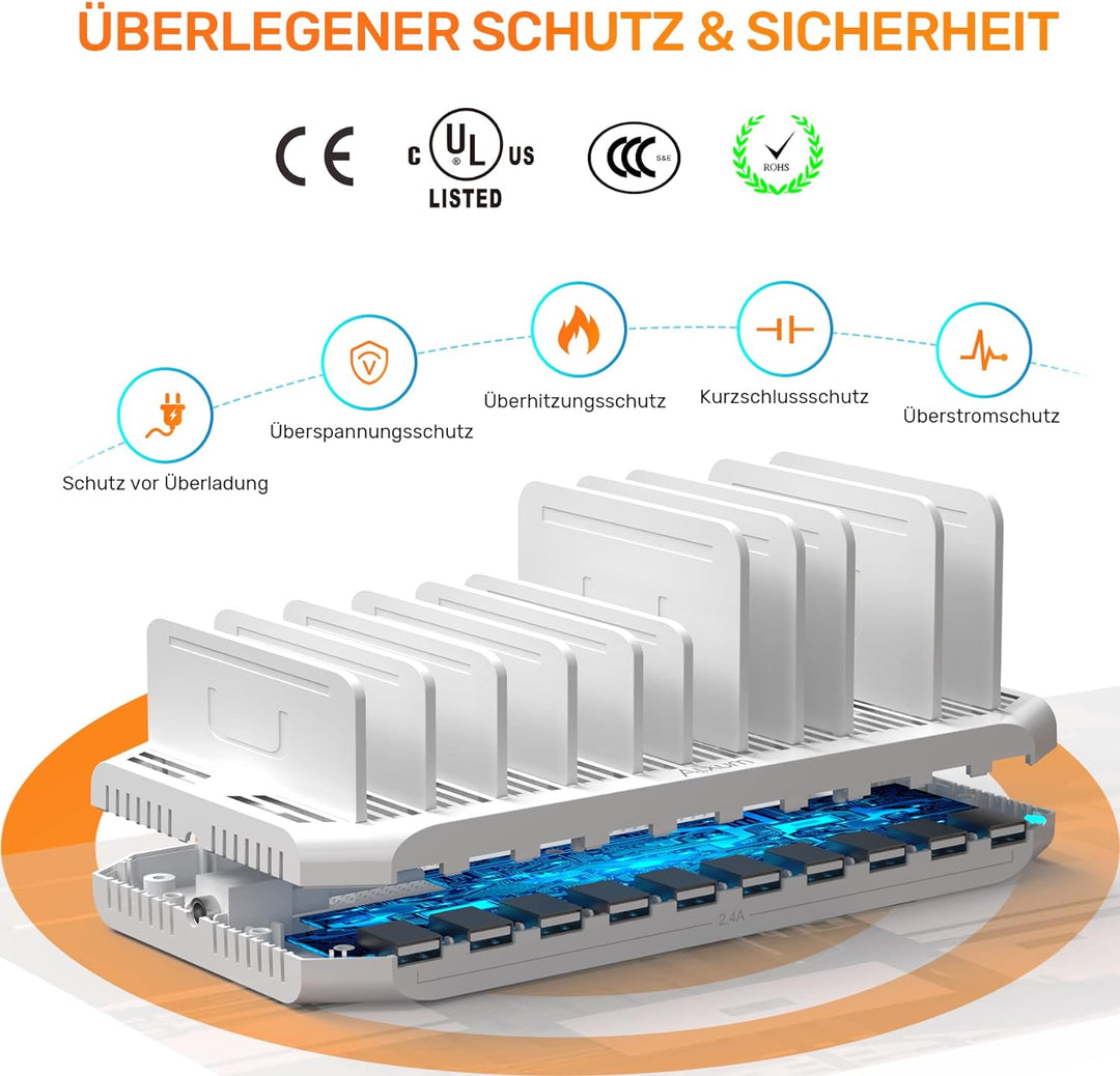 Alxum 60W USB Handy Ladestation Mehrfach,10 Ports 5V/2.4A Ladestation Mehrere Geräte mit verstellbar