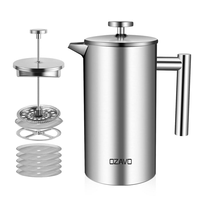 OZAVO Kaffeebereiter 1L French Press Edelstahl Thermo mit 5 Edelstahlfilter Doppelwandig Isoliert Sy