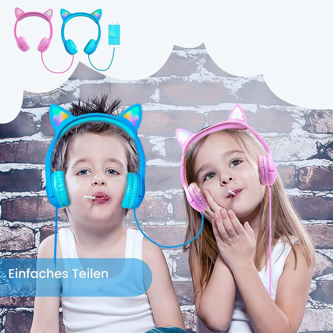 Olyre Kinderkopfhörer, Sichere 85 dB Lautstärkebegrenzung, Aufleuchtende Katzenohr-Kopfhörer für Kin