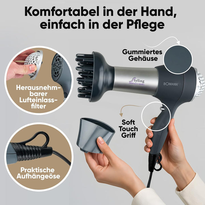 Bomann® Haartrockner mit Diffusor & Formdüse | Hair Dryer mit "Cool Shot" für glänzendes Haar | Haar