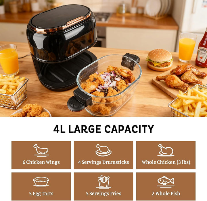 Heissluftfritteuse 5L Airfryer, 9-in-1 mit Glas-Korb & LED-Touchscreen, 24h Timer, Sichtfenster, ges