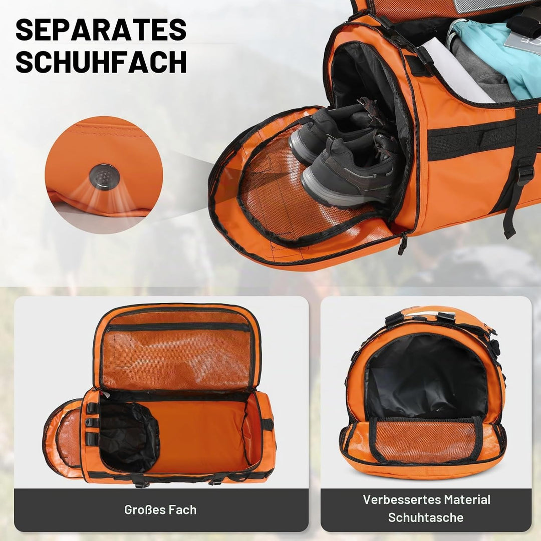 MIER Grosse Sporttasche wasserdicht Sportrucksack mit Schuhfach umwandelbar in Rucksack, 45L/60L/90L