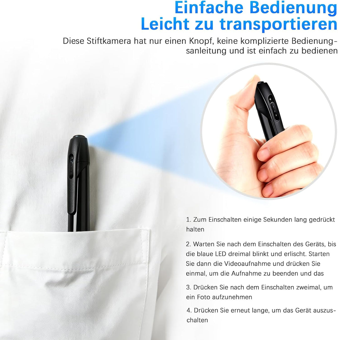 Tragbare Mini Kamera FHD1080P, 2 in 1 Mini Überwachungskamera Für Innen Kamera Stift, Überwachungska