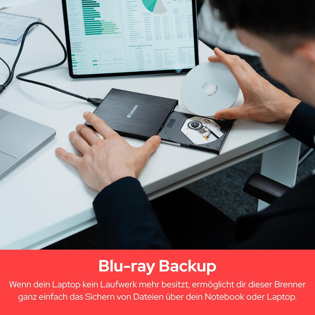 Verbatim Externer Slimline Bluray Writer mit USB 3.0-Kabel, externer DVD und Bluray Brenner, ideal f