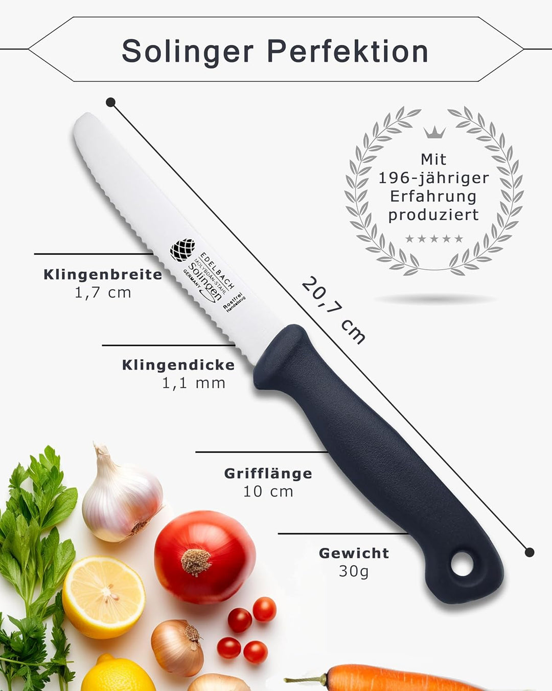 Edelbach Solingen Küchenmesser Set | 'Perfect' Frühstücksmesser m. Wellenschliff | Ultrascharf Messe