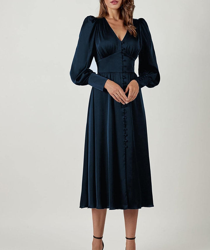 xxxiticat Damen Langarm Satin Maxikleid Lange Laternenärmel Knopfleiste Rüschen Einreihig Vintage Pu
