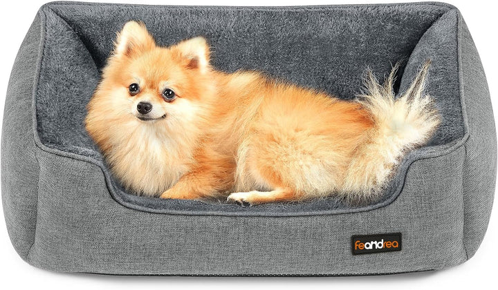 Feandrea Hundebett, Hundekissen in Leinenoptik, Hundekorb, erhöhte Ränder, rutschfeste Unterseite, B