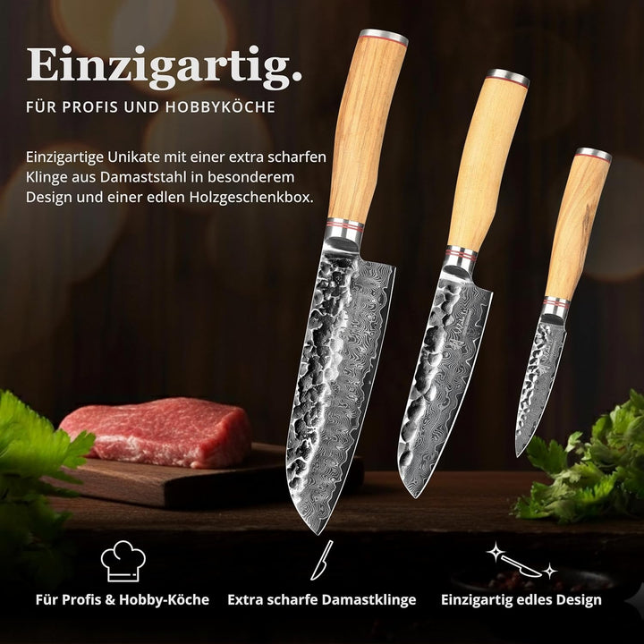 Wakoli Olive HS 3er Damastmesser-Set I 9 bis 17,5 cm Klingen gefertigt aus 67 Lagen echtem Damaststa