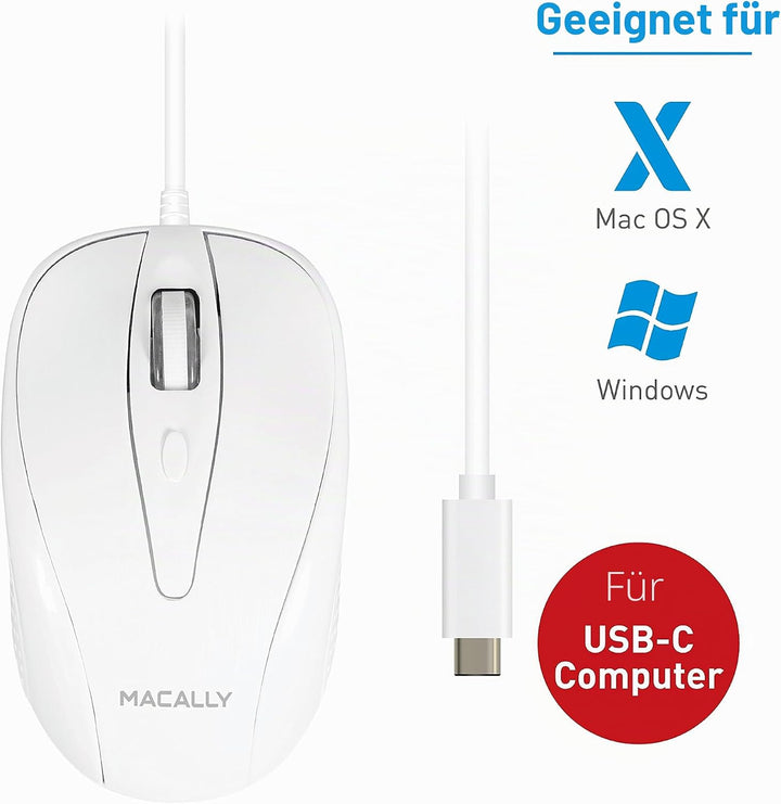 Macally UCTURBO, MacBook Maus USB C, optisch mit Kabel, Mouse für USB-C Notebook und Laptop, weiss /