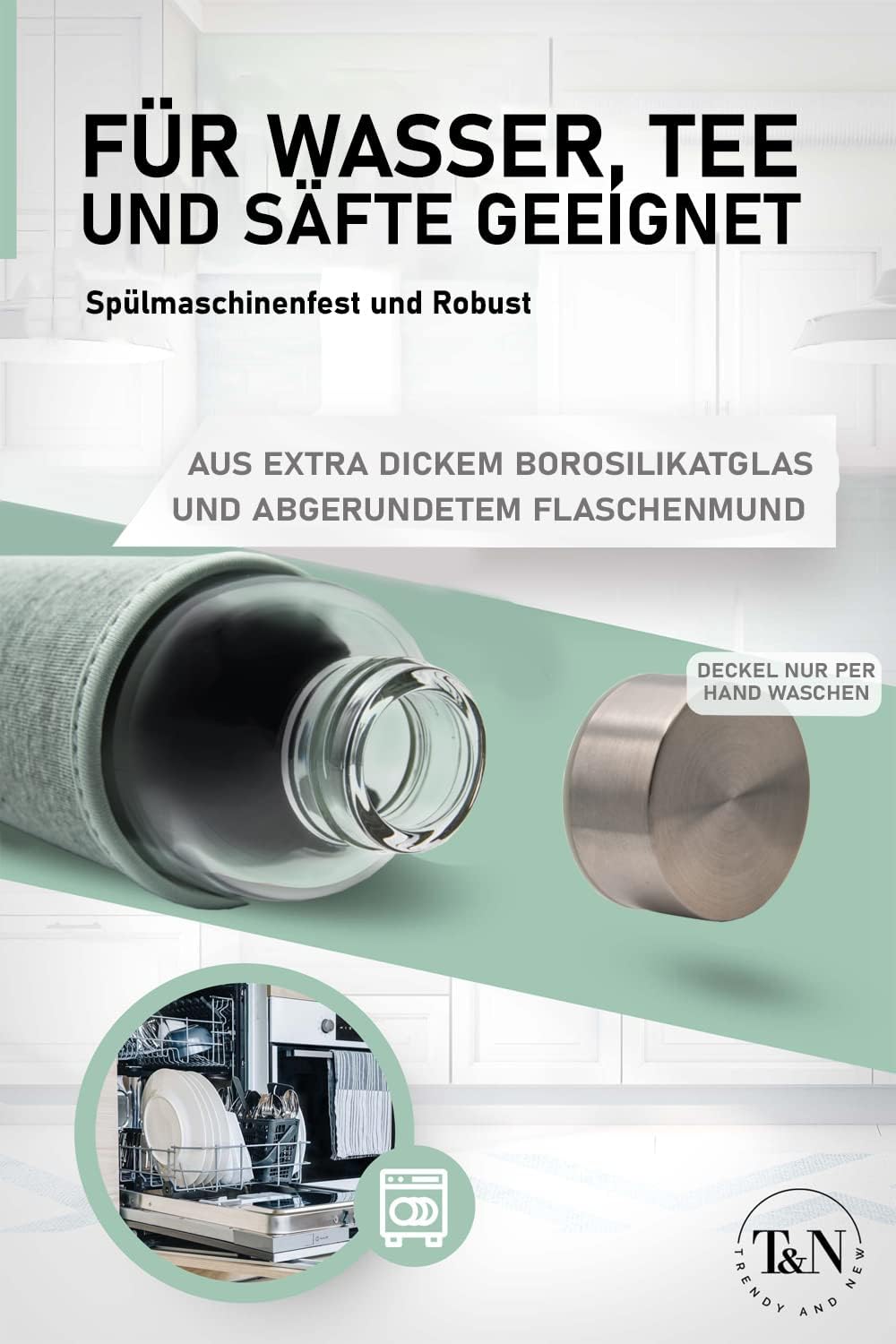 T&N Glasflasche 1 Liter / 750ml / 500ml – Trinkflasche Glas 1l mit Neoprenhülle – Wasserflasche Ausl